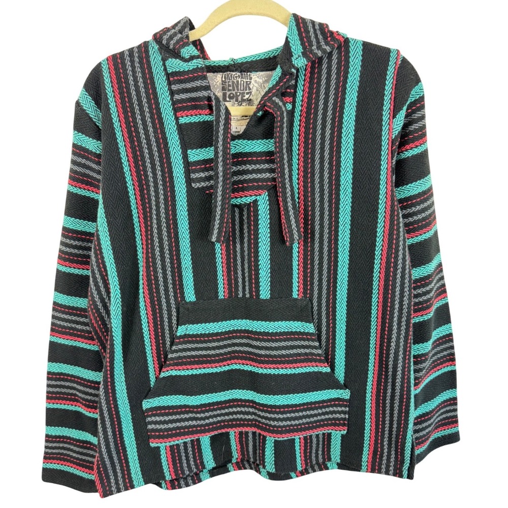 Original Senor Lopez Baja Hoodie Mens Large Black Teal Striped Mexican Poncho L